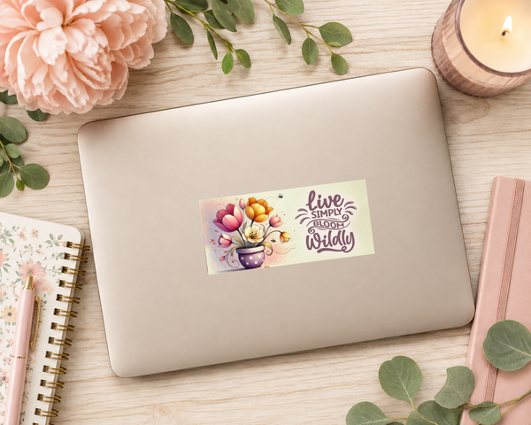 Live Simply Bloom Wildly Inspirational Glossy Sticker | Handmade Floral Motivation Decal | 3.5 x 1.75 Inch