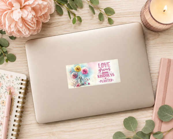 Love Grows Where Kindness Is Planted Glossy Sticker | Handmade Dandelion Inspiration Decal | 3.5 x 1.75 Inch