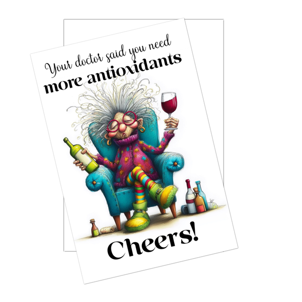 Funny Wine Birthday Card 4x6 Old Lady Antioxidants Humor Card for Women