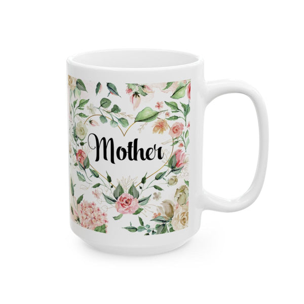 White mug with floral design and 'Mother' text on a white background