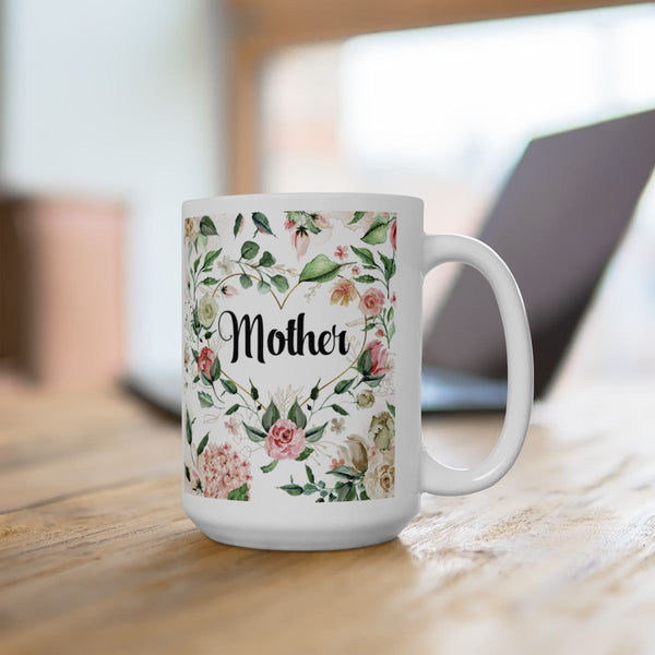 White mug with floral design and 'Mother' text on a wooden surface