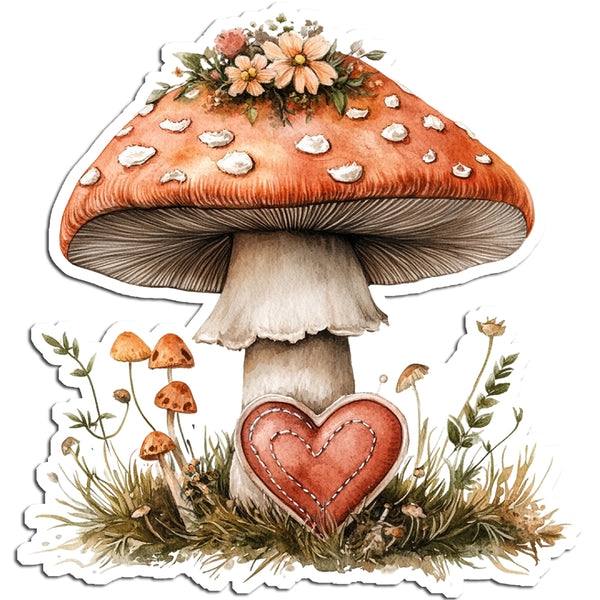 Illustration of a large mushroom with a heart and flowers on a white background