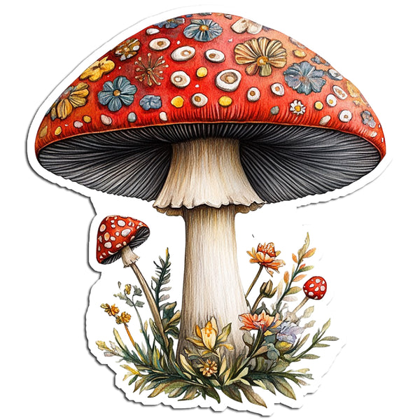 Decorative illustration of a colorful mushroom with floral patterns on a white background