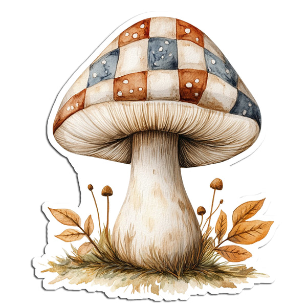 Illustration of a checkered mushroom with a grassy base on a white background