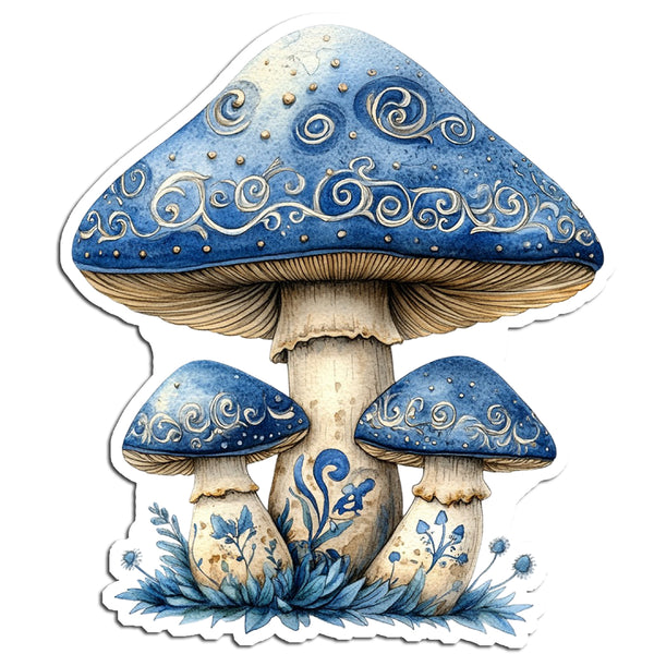 Decorative illustration of a blue mushroom with intricate patterns on a white background