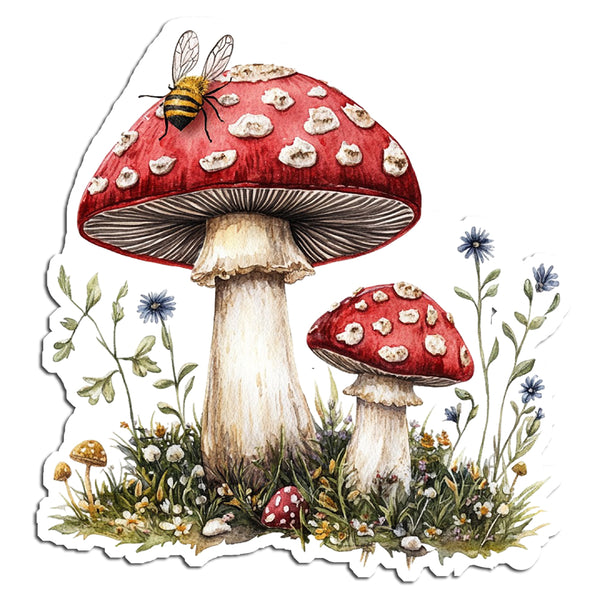 Illustration of two red mushrooms with white spots, a bee, and grass on a white background