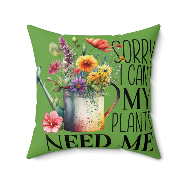 Decorative pillow with floral design and text on a green background
