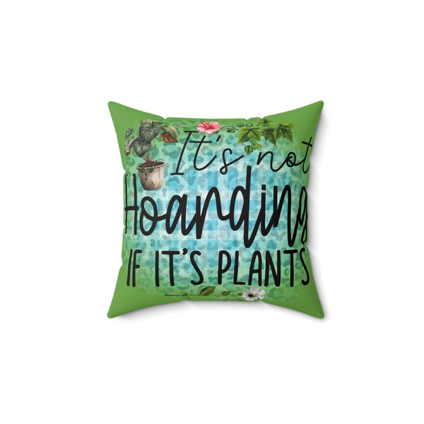 Decorative pillow with plant-themed design and text on a white background