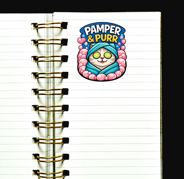 Pamper and Purr Cat Sticker Cute Spa Kitty Decal Pet Lover Journal Scrapbooking