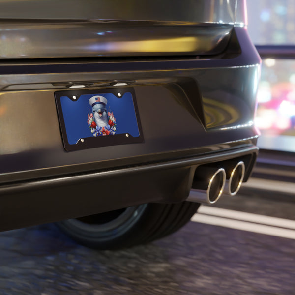 Close-up of a car's rear end with a decorative license plate on a blurred background