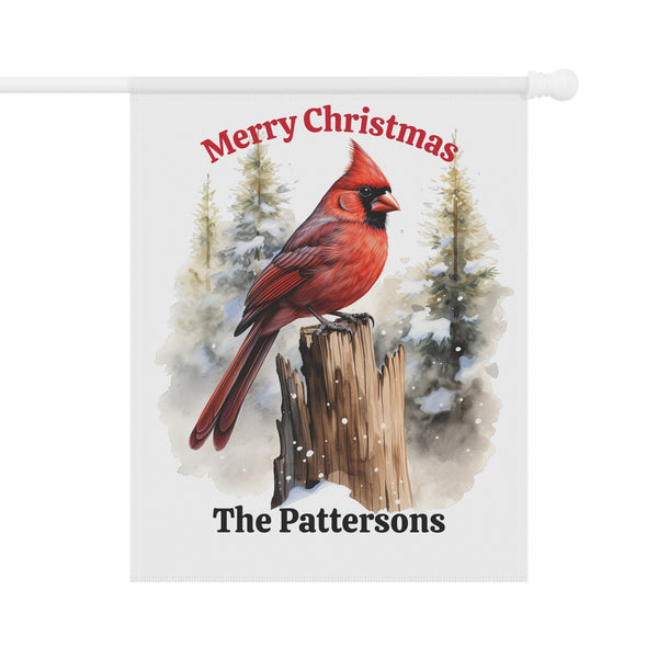 Christmas-themed decorative flag with a red cardinal, snowy trees, and 'Merry Christmas The Pattersons' text.