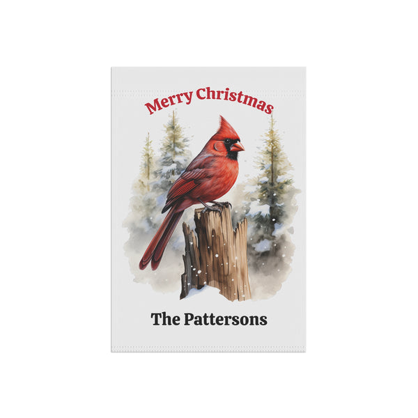 Christmas card with a red cardinal on a snowy stump and personalized text.