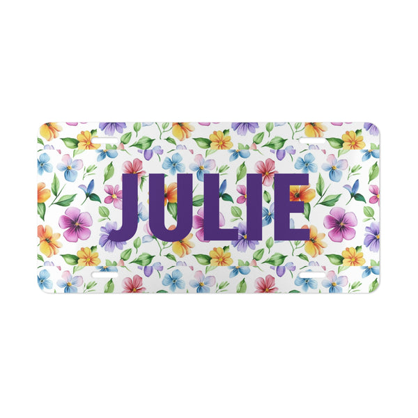Floral patterned card with the name 'JULIE' in purple text on a white background