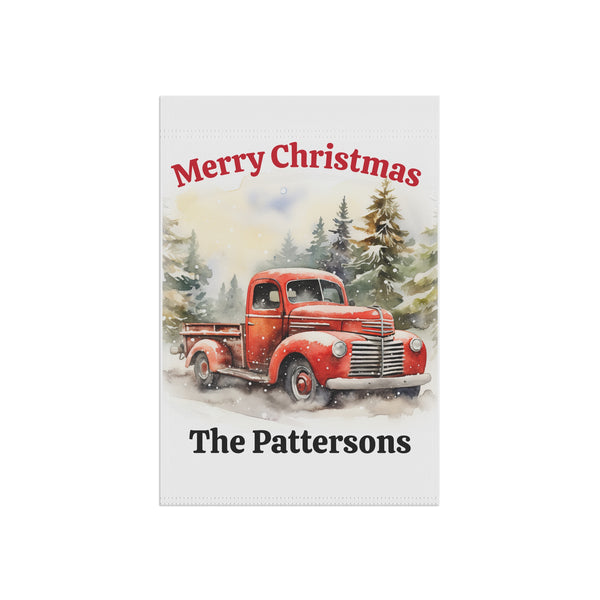 Christmas card with a red truck and trees, personalized for 'The Pattersons'.