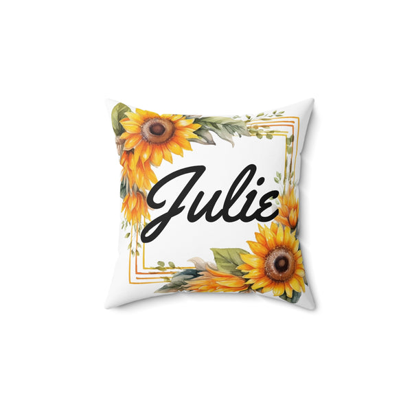 Decorative pillow with sunflowers and the name 'Julie' on a white background