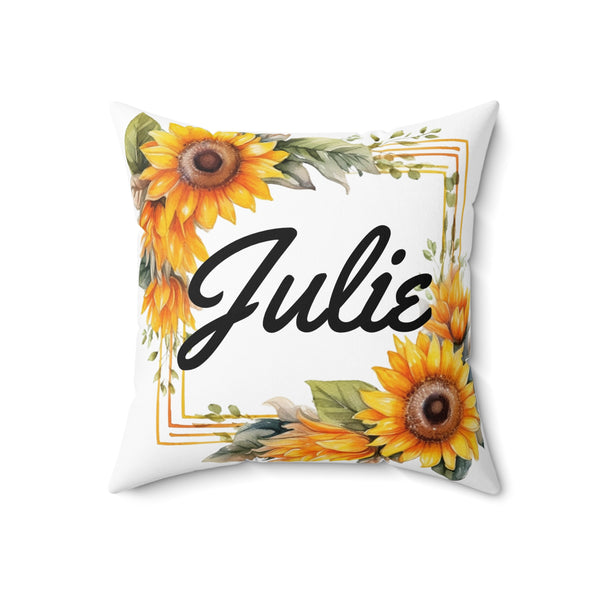 Pillow with sunflowers and the name 'Julie' on a white background