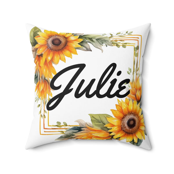 Decorative pillow with sunflowers and the name 'Julie' on a white background