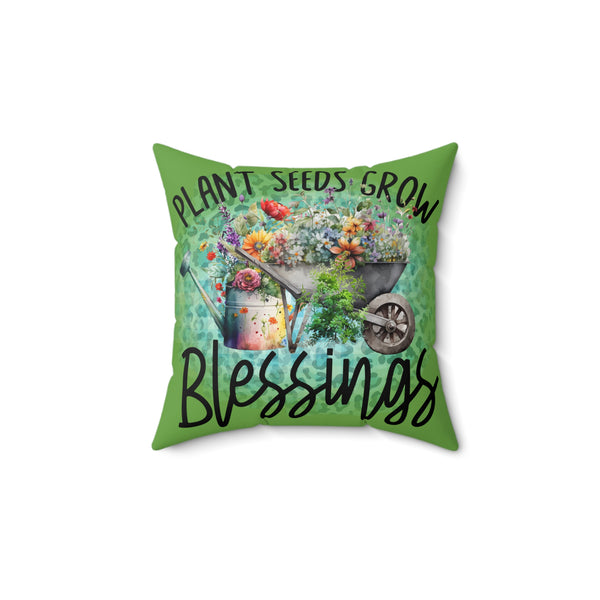 Decorative pillow with gardening design and text on a white background