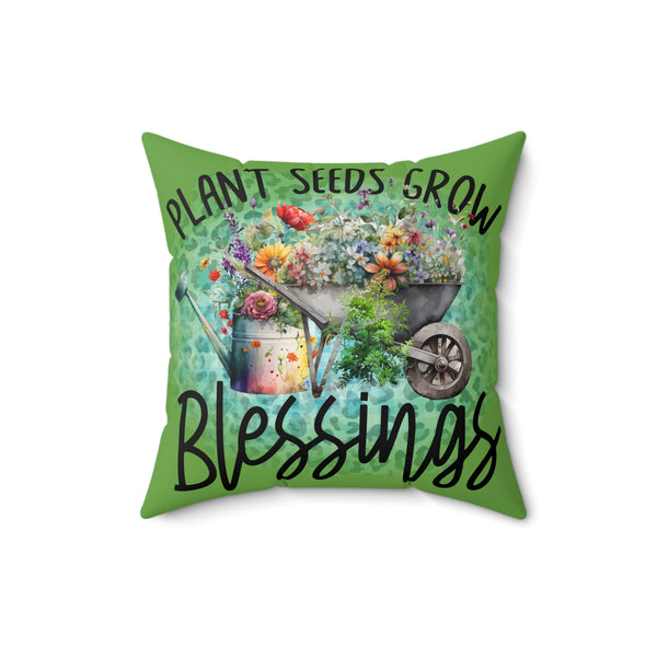 Decorative pillow with garden-themed design and text on a white background