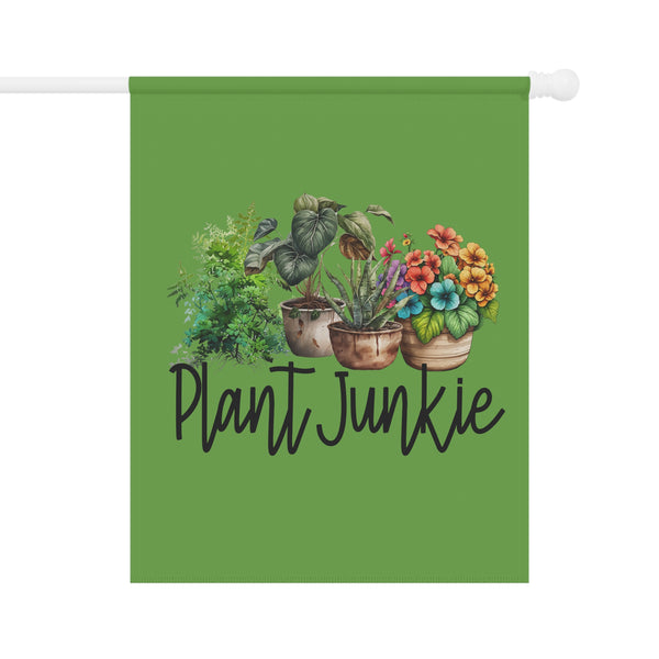 Green flag with potted plants and 'Plant Junkie' text on a white background