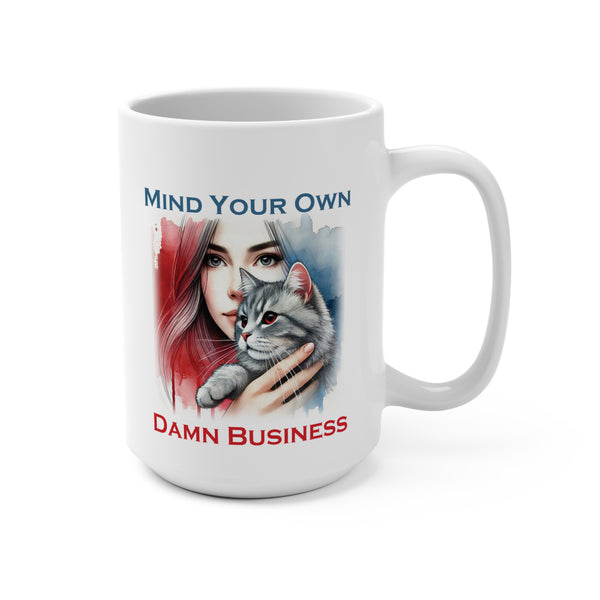 Mind Your Own Damn Business Coffee Mug with Cat Lady and Red and Blue stripes 