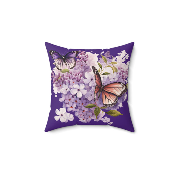 Decorative pillow with butterflies and flowers on a purple background