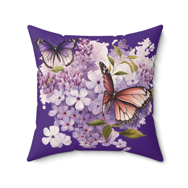 Decorative pillow with butterflies and flowers on a purple background