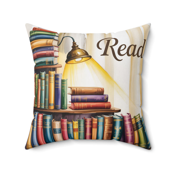 Decorative pillow with books and a lamp design, featuring the word 'Read'.