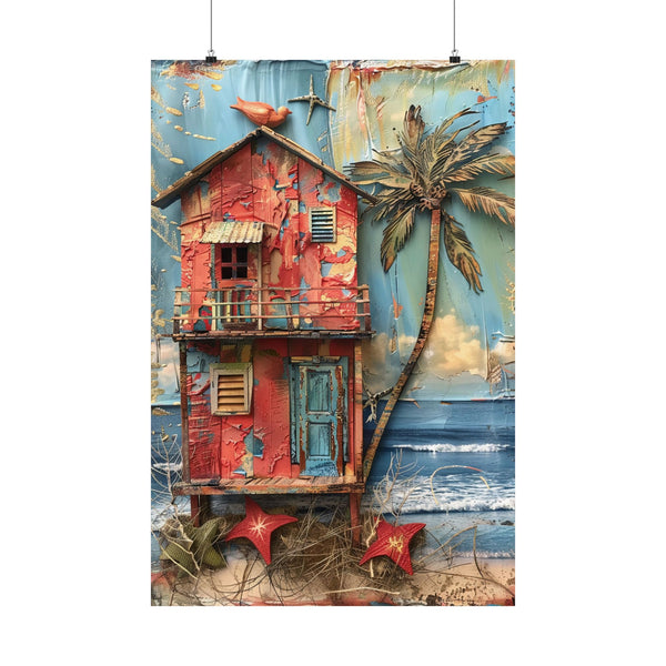 Colorful beach scene with a red hut, palm tree, and ocean.