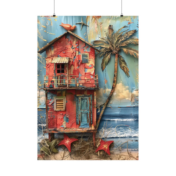 Colorful tropical scene with a red house, palm tree, and beach elements on a blue background.