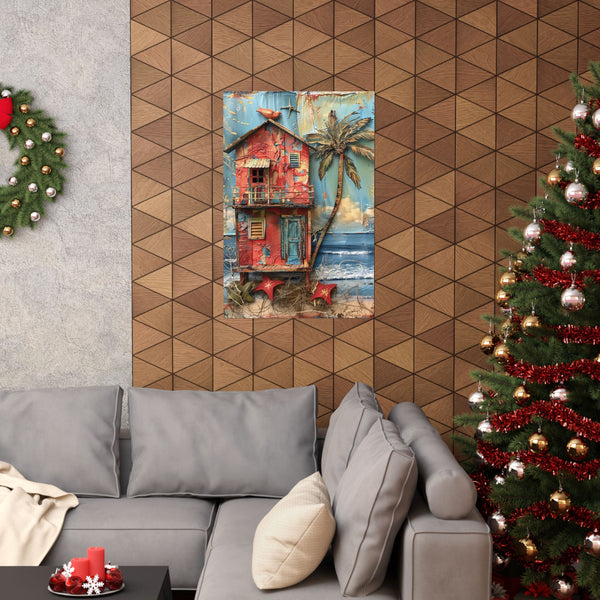 Living room with a gray sofa, Christmas tree, and decorative wall art.