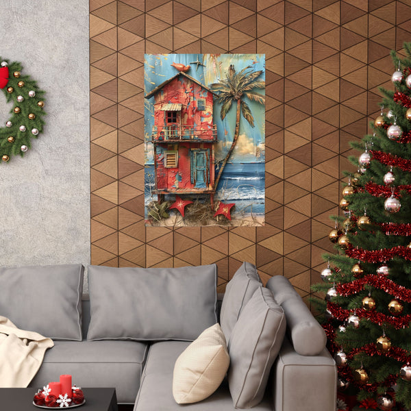Decorative painting of a tropical hut on a wall above a gray sofa with a Christmas tree to the right.
