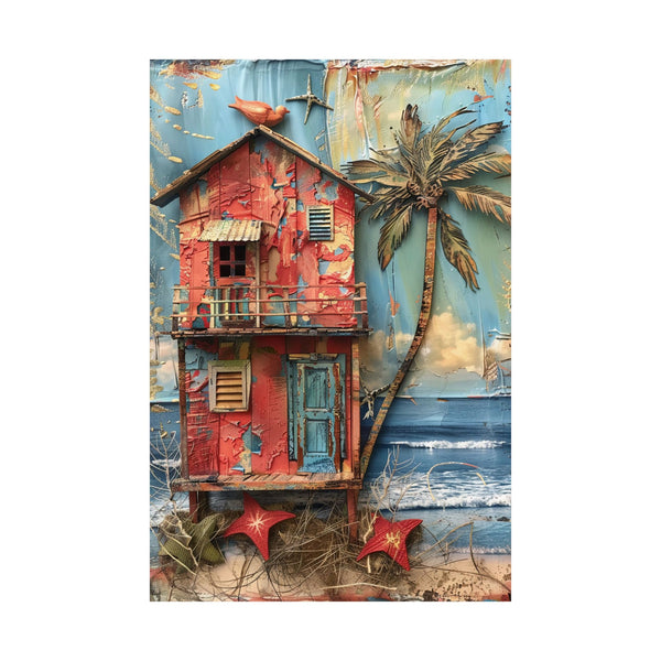 Colorful beach hut with palm tree and ocean background