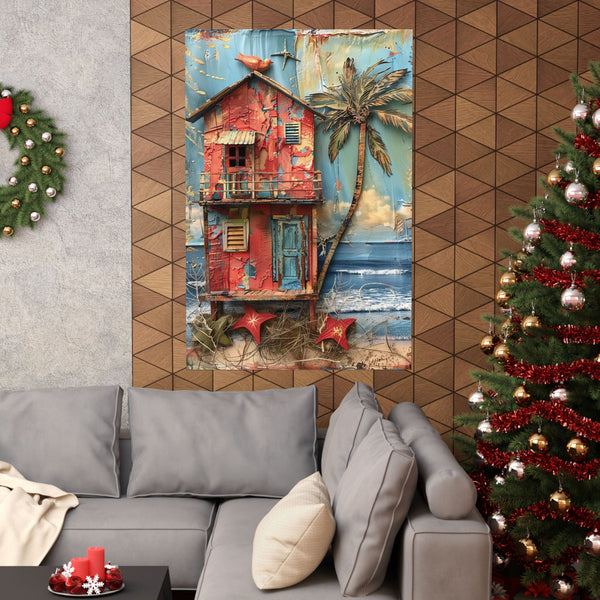 Decorative wall art of a beach house with palm tree and starfish in a living room with Christmas decorations.