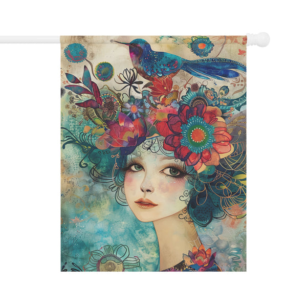 Decorative flag with a colorful design of a woman's face surrounded by flowers and birds on a white background.