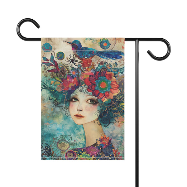 Decorative garden flag with a colorful design of a woman with flowers and a bird on a white background.