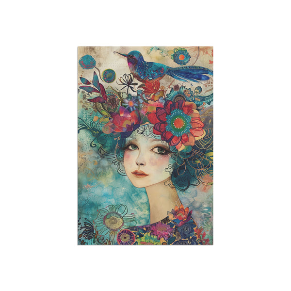 Colorful artwork of a woman with floral and bird elements on a white background