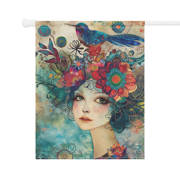 Decorative flag with a colorful design of a woman's face surrounded by flowers and birds on a white background.
