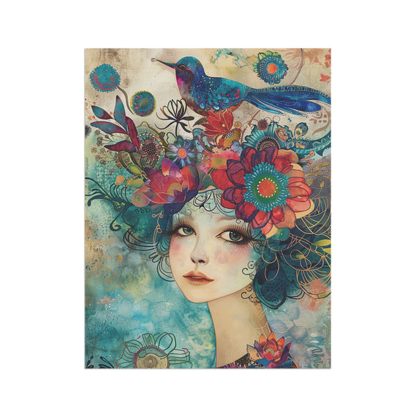 Colorful artwork of a woman's face with flowers and birds on her head against a textured background.