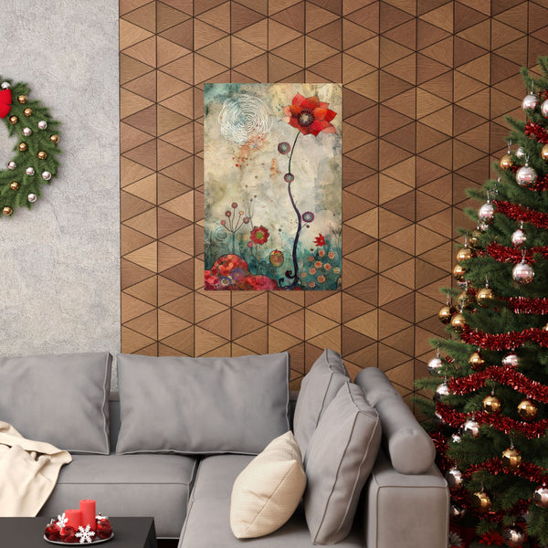 Living room with a gray sofa, Christmas tree, and wall art.