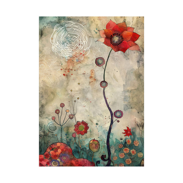 Abstract artwork with colorful flowers and swirling patterns on a textured background