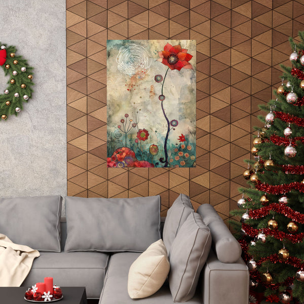 Decorative painting on a wall above a gray sofa with a Christmas tree to the right.