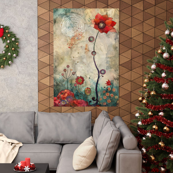Decorative floral painting on a wall above a gray sofa with a Christmas tree to the right.