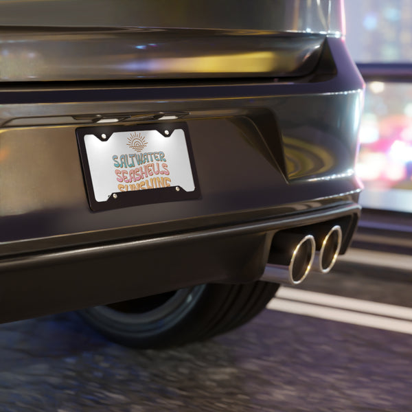 Car rear with a license plate featuring text and graphics.