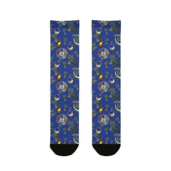 Pair of socks with a colorful pattern on a blue background