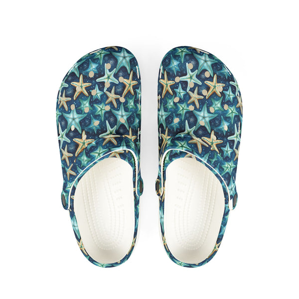 Pair of clogs with starfish pattern on a white background