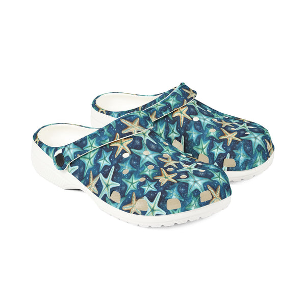 Pair of blue clogs with starfish pattern on a white background