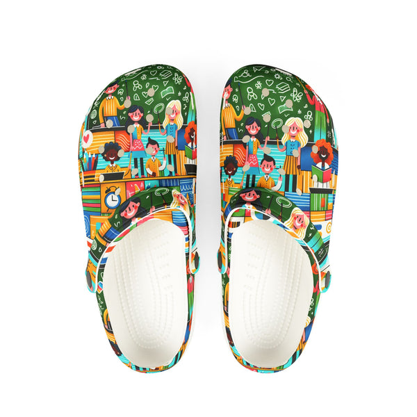 Colorful slippers with a pattern of people and objects on a white background