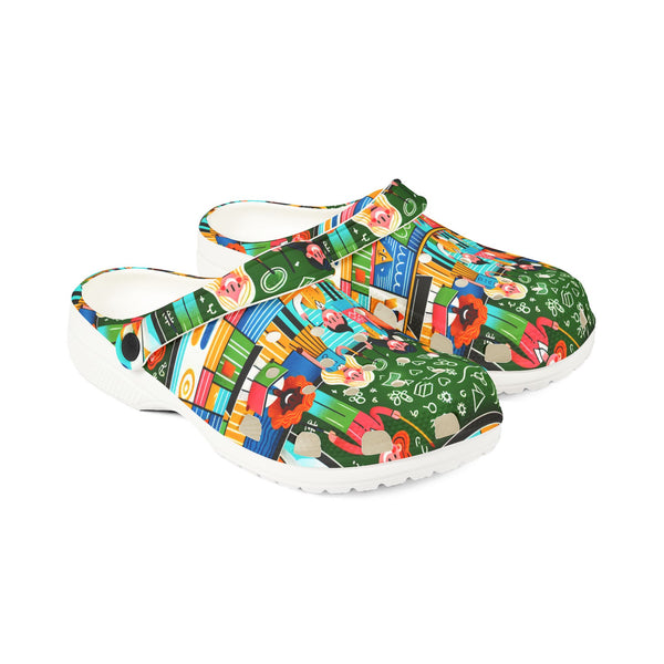 Colorful clogs with a pattern on a white background