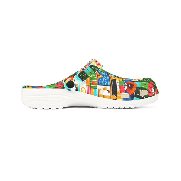 Colorful sandal with geometric pattern on a white background